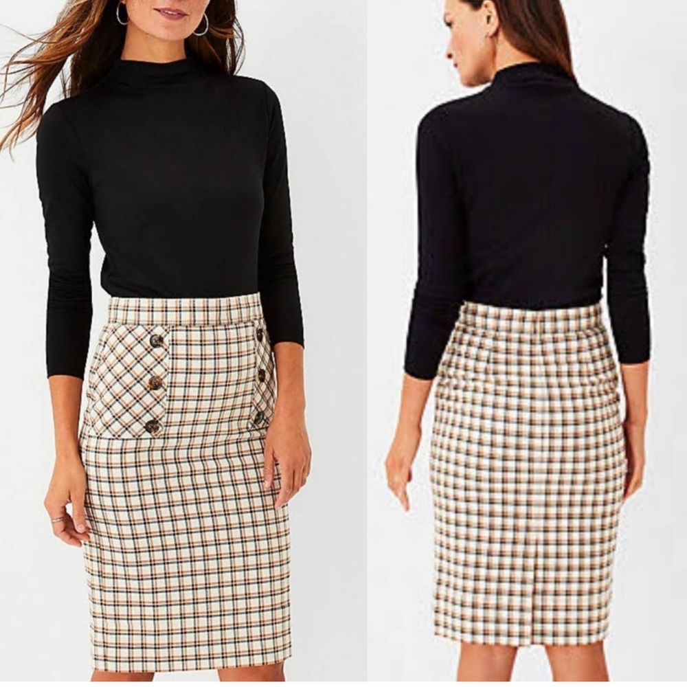 Ann Taylor Plaid Pencil Skirt in Cream, Black and Brown